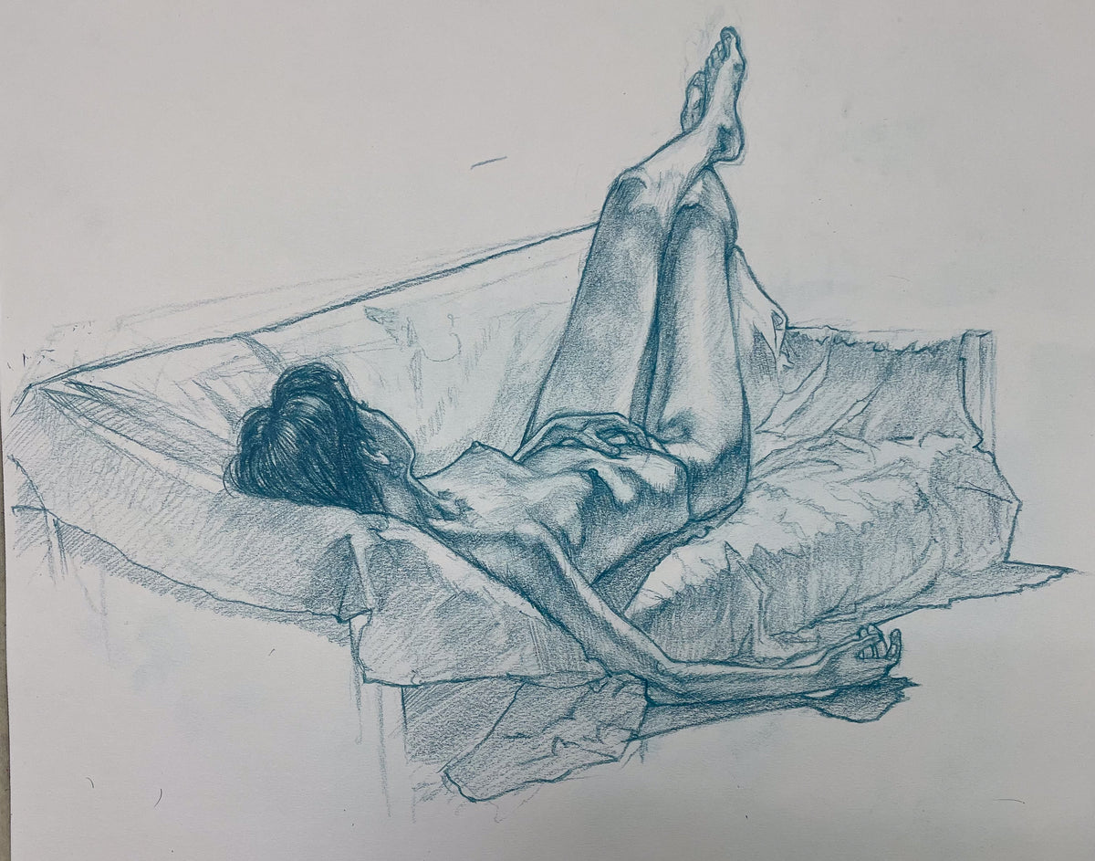 A monochrome blue pencil sketch of a reclining nude figure on a bed, drawn on a plain white paper background.