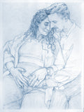 A monochrome blue pencil sketch of a pregnant woman and a man embracing, with the woman's belly prominently shown and detailed line work throughout.