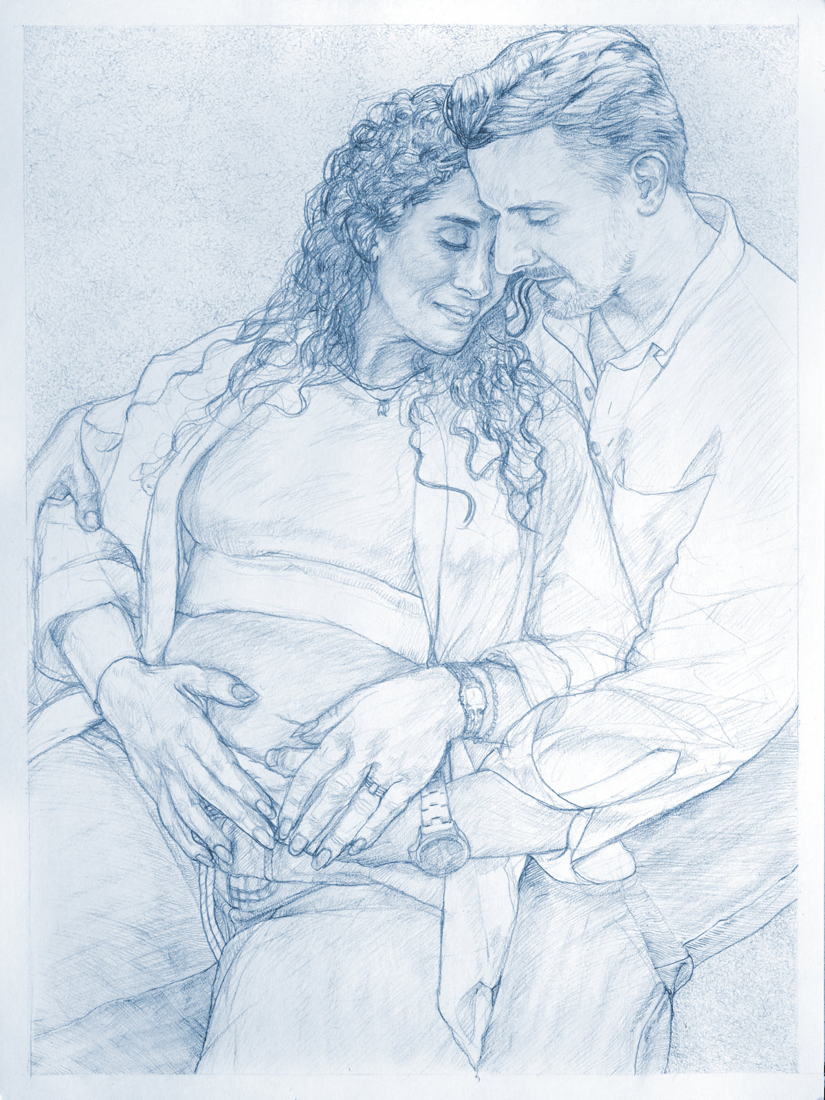 A monochrome blue pencil sketch of a pregnant woman and a man embracing, with the woman's belly prominently shown and detailed line work throughout.