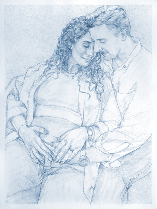 A monochrome blue pencil sketch of a pregnant woman and a man embracing, with the woman's belly prominently shown and detailed line work throughout.
